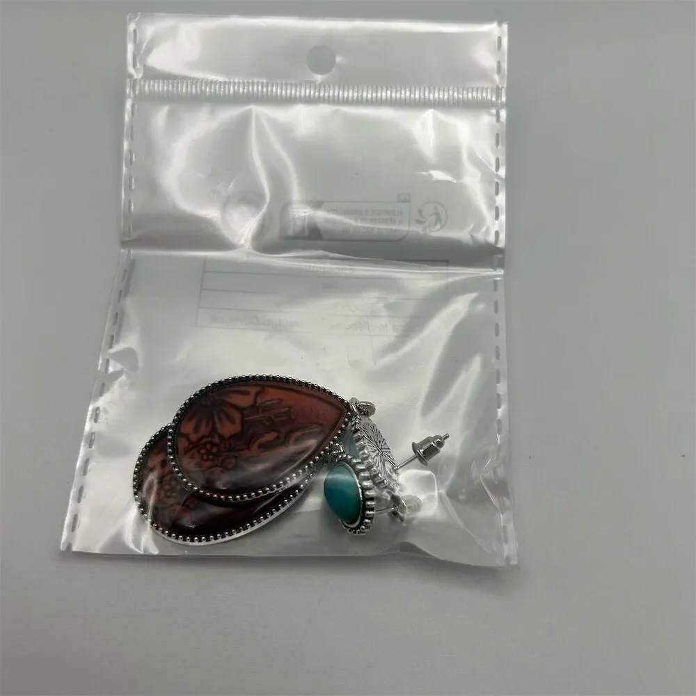 Southwestern Cactus Floral & Faux Turquoise Stud Teardrop Dangle Earrings